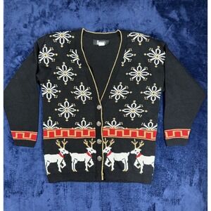Ugly Tacky Christmas Party White Reindeer Cardigan Sweater Jumper Adult M